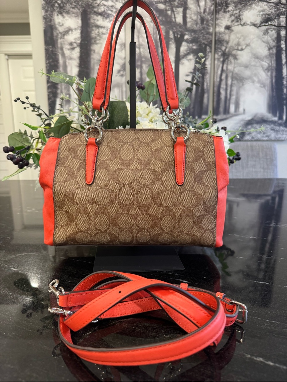 🤎COACH Mini Christie Carryall Signature Coated Canvas Khaki Coral Orange - Picture 4 of 16
